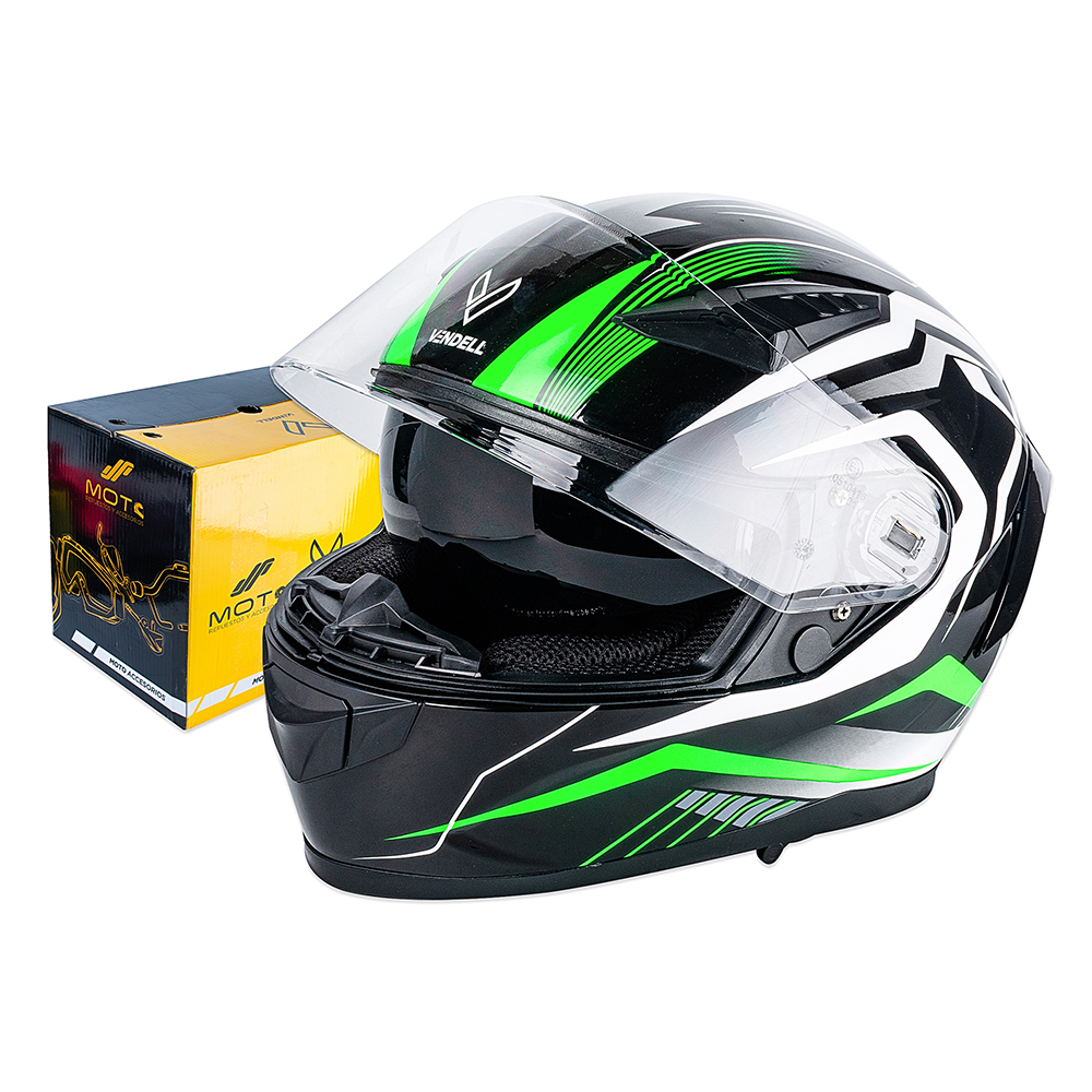 CASCO CERRADO DOBLE VISOR CON GRÁFICO JAZZ NEGRO-VERDE TALLA "L" VENDELL MOD. 129 FULL FACE